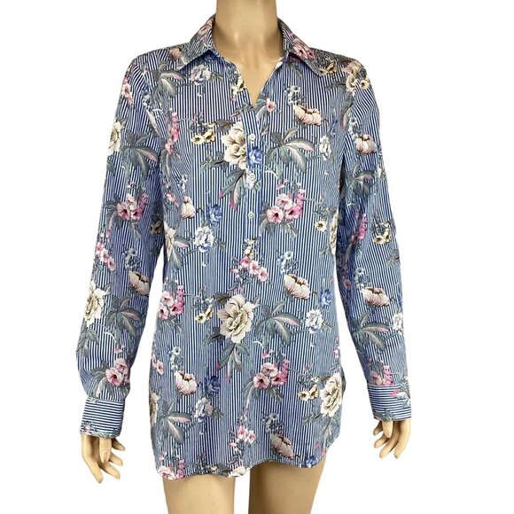 Talbots Button-Up Blouse Size Medium Top Floral Blue & White Pink - Picture 8 of 8